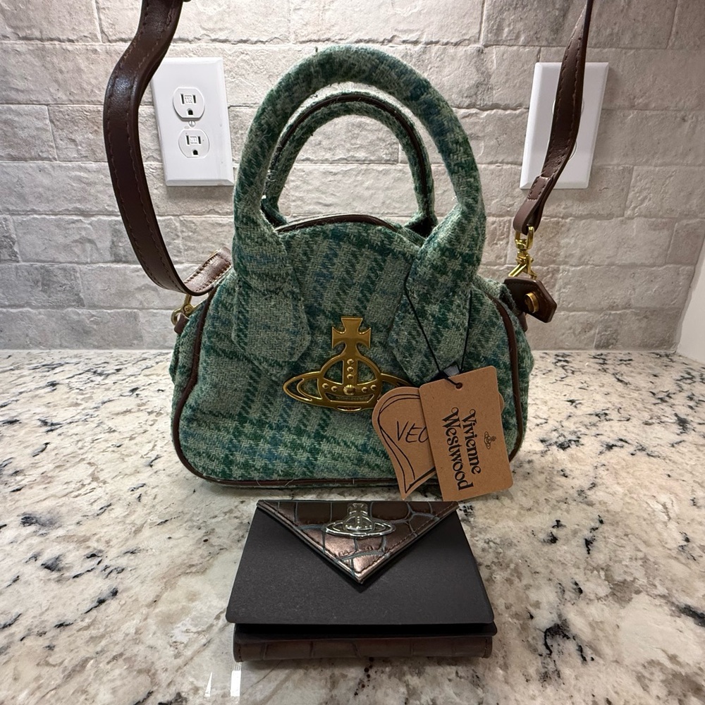 Vivienne Westwood NWT Yasmine Harris Tweed Mint Green Handbag + Calfskin Wallet